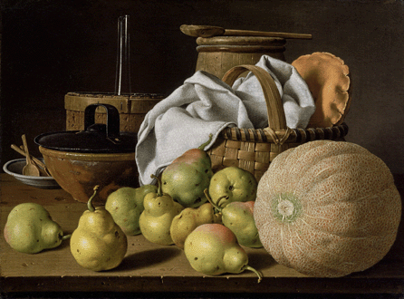 In this tabletop painting, "Still Life with Melon and Pears,†circa 1772, Melendez used a cantaloupe somewhat smaller than in "Still Life with Melon, Jug and Bread.†It is amazingly similar to the other fruit, and since because of size it could not be traced, is presumably painted freehand by the artist, a considerable feat. Museum of Fine Arts, Boston.
