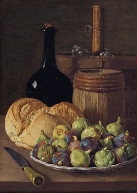 A wine cooler appears in 11 extant Melendez paintings, including "Still Life with Figs and Bread,†circa 1770. Among the interesting devices here is the handle of the kitchen knife that projects into the viewer's space and directs the eye through the crowded composition that is highlighted by the brightly shining figs of blue, green and red. National Gallery of Art, Washington, D.C., Patrons' Permanent Fund.