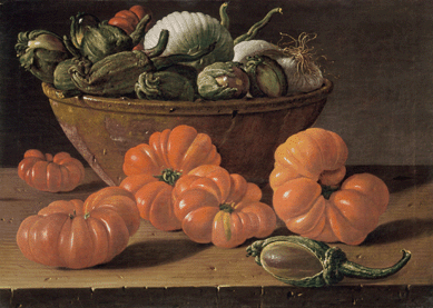 Adopting a low, close viewpoint in "Still Life with Tomatoes, a Bowl of Aubergines and Onions,†circa 1771‱774, the artist made a masterful composition out of three ordinary vegetables. Melendez's fondness for tomatoes, which appear in a number of his works, led him to display them here propped up to show their cores and generally to showcase their voluptuous, lobed forms and their naturally varied red hues. Derek Johns, Ltd.