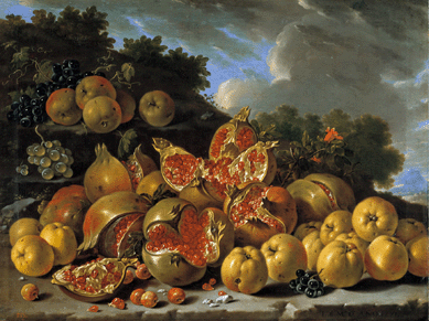 In addition to the unusual outdoor setting, the highlight of "Still Life with Pomegranates, Apples, Azaroles and Grapes in a Landscape,†1771, is the bravura painting of the bright red pomegranates, split open in the foreground. The sparkling red pomegranate berries and apples with clear imperfections seem almost tactile. The setting of rocky landscape with overhanging trees and distant buildings under a cloudy sky is a far cry from the artist's usual wooden tabletops in dark interiors. Museo Nacional del Prado, Madrid.