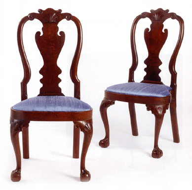 This pair of Queen Anne carved and figured walnut rounded stile, compass seat side chairs, Philadelphia, circa 1750, were picked up by the American trade for $362,500.