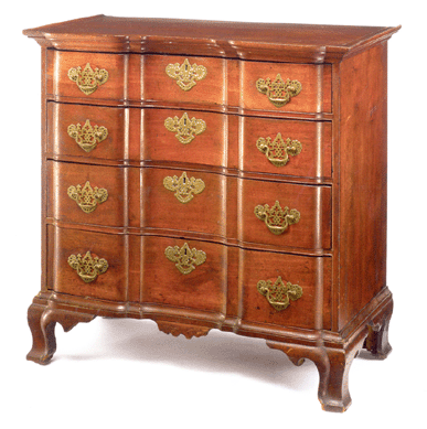 A rare Chippendale mahogany blockfront tray top chest of drawers, possibly Middletown, Conn., circa 1780, realized $254,500.