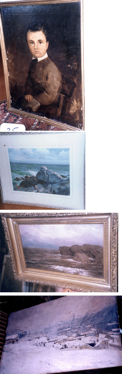Shown above from top to bottom are a primitive portrait, circa 1850, of a boy with a book, oil on canvas laid down on board, 23¾ by 19¾ inches; a seascape of a rocky shoreline, possibly Monhegan Island, pastel on paper, 14¼ by 19½ inches, signed Huntsman; a seascape with rocks and waves, oil on paper laid down on canvas, 6¾ by 12½ inches, signed Henry Cady; and a snowy Impressionist cityscape, oil on panel 14½ by 23 inches, signed Burghardt Rezso, 1923.