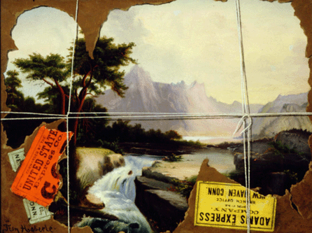 As his eyesight worsened, Haberle created a series, including "Torn-in-Transit,†1890‹5, in which he framed a broadly painted landscape with scraps of wrapping paper, string and labels in the fool-the-eye manner. By mixing styles, he put less strain on his eyes, while retaining enough trompe l'oeil details to appeal to his fans. Brandywine River Museum.
