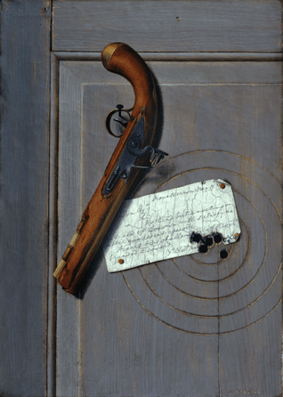 Recently discovered, "The Challenge,†circa 1890, juxtaposes an old dueling pistol against a tattered note that appears to refer to a 1777 duel between American Revolutionary leader Button Gwinnett and Lachlin McIntosh in which Gwinnett was killed. The gun appears startlingly real in this 27 7/8-by-15½-inch oil painting. Thomas Colville Fine Art.