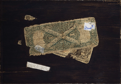 The controversy surrounding "U.S.A. (The Chicago Bill Picture),†circa 1889, during which Haberle had to prove that the two scruffy bills and stamps were painted, not pasted on, made this his most famous currency work. Remarkable in its detail and accuracy, it measures 8½ by 12 inches. Indianapolis Museum of Art.