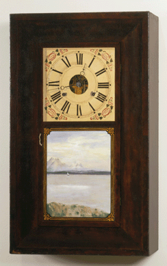 "Clock,†1895, which stood in Haberle's house, was described by art historian Alfred Frankenstein as "a picture of a clock which stands about 4 feet high and is not nailed to an ordinary stretcher but to a boxlike affair some 4 inches deep, so that the canvas turns back to that depth on all four sides and creates the effect of a palpable, three-dimensional object.†The face of the clock, meticulously realistic, contrasts with the freely brushed landscape painting. Newark Museum.