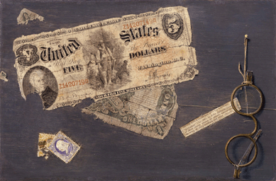 Considered by some Haberle⁳ most impeccable trompe l'oeil painting, "Can You Break a Five?", 1888, shows a frayed $5 bill with a picture of President Andrew Jackson resting on a torn $1 bill on which is clearly displayed a warning against counterfeiting, which could be read with magnifying glasses like that painted to the right. Amon Carter Museum.