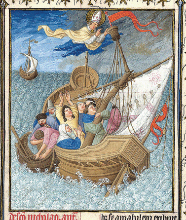 "St Nicholas Saves Travelers at Sea,†Herman, Paul and Jean de Limbourg (Franco Netherlandish, active in France 1399‱416), The Belles Heures of Jean de France, duc de Berry, circa 1405‱408/9, made in Paris, ink tempera and gold leaf on vellum, single leaf, overall 9 3/8  by 13 3/8  inches.  The Cloisters Collection. ©The Metropolitan Museum of Art, New York City.
