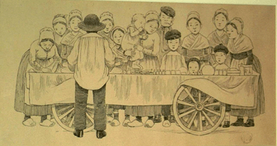 Ink drawing by JOB (Jacques Onfroy de Breville, French, 1858‱931), "At The Market,†4 by 7½ inches (7 3/8 by 12 inches sheet), signed with a stamp, "JOB,†within a circle.