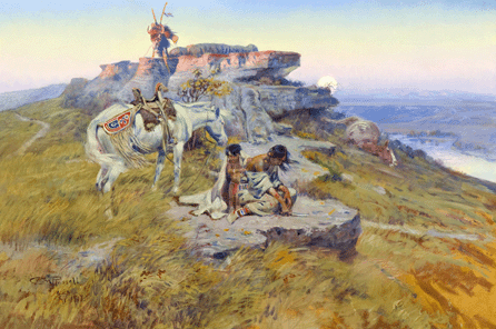 Russell's depictions of Plains Indian women, like "Her Heart Is on the Ground,†1917, are knowledgeable and empathetic. Here, a young widow and her son grieve for husband and father, who lies on the ledge above, accompanied by his dead horse to the right. As art scholar Brian W. Dippie observes, "Indian women&⁷ere integral [to Russell's vision of 'the West that has passed'], and he featured them prominently.• style=