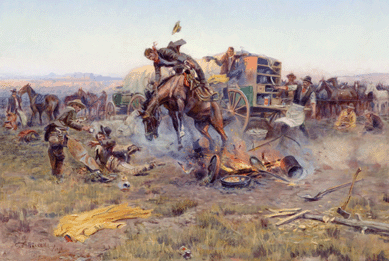 In "The Camp Cook's Troubles,†1912, Russell depicted the chaos caused by a frenzied horse upsetting meal preparations in a range camp. As sculptor Gutzon Borglum observed, the painter had "the power to draw animals, horses, cattlemen in the mixed-up, tangled-up situations daily occurring in the wild unfenced West †situations no other artist has ever attempted.• style=