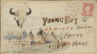 Russell wrote a lot of illustrated letters, replete with humorous or nostalgic images and misspelled words. This is the envelope of a 1902 missive to Young Boy, a Cree who modeled and did odd jobs for the artist. 