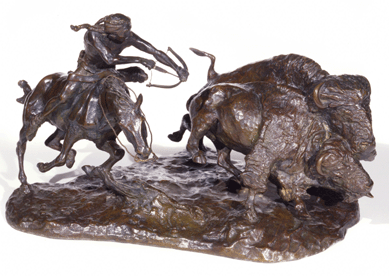 Although he had never witnessed a real buffalo hunt, Russell provided a good approximation of the action in paint and bronze, showing Indians on horseback attacking the mighty beast with bow and arrow, as in "The Buffalo Hunt,†1905. This sculpture measures 10½ by 12 1/8 inches.