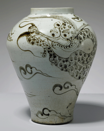 Dragon jar, Eighteenth Century, Choson dynasty, Korea, porcelain with underglaze iron décor jar, stoneware with underglaze iron red dragon motif, 16¼ inches high. Courtesy of the Minneapolis Institute of Arts.