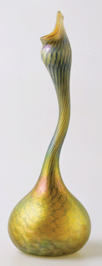 In the form of a Persian rosewater sprinkler, the sinuous iridescent vase dates from 1898‱899. It is from the collection of the Chrysler Museum of Art.