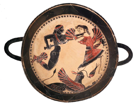 Terracotta kylix (drinking cup), Greek, Laconian, circa 575‵60 BC, attributed to the Boreads Painter, from Cerveteri, Banditaccia cemetery, interior, Boreads pursuing harpies, with a sphinx below. Lent by the Republic of Italy.