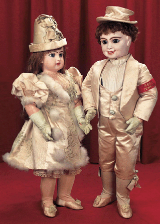 Together still after more than 110 years, the happy couple, believed to have been prepared as exhibition dolls by Emile Jumeau, are wearing their original couturier costumes, and he boasts a rare character model face. They brought $72,500.