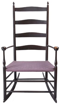 A nearly pristine example of a chair made in the 1870s, maple and wool with dark stain and varnish. Miller Collection.