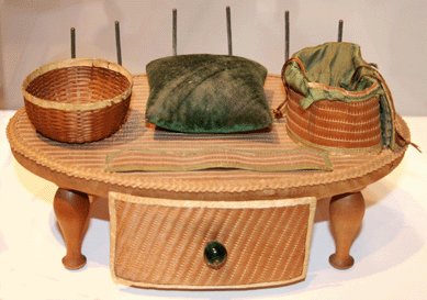 Shaker workstand, pine, maple, ash, woven poplar, velvet, silk, straw and iron, poplarware, circa 1900.
