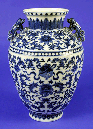 The Qing dynasty blue and white porcelain vase with foo dog handles sold for $69,000 from a Chinese dealer.