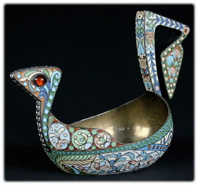 Pavel Ovchinnikov (Russian, 1908‱917), imperial sterling and enamel kovsh brought $13,000 from a New York bidder.