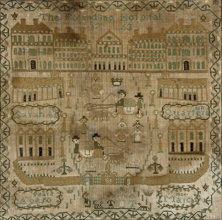 A sampler, Sarah Ann Quartermain, 1825, depicting the Foundling Hospital in 1763, embroidered in fawn and green silks on a natural ground, within a floral border 20 inches square, framed and glazed. ©Christie's Images Ltd, 2010 