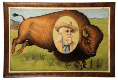 Circa 1880 to 1890 hand painted linen poster of Buffalo Bill superimposed against a realistic running buffalo, burl walnut frame, finished at $14,375.