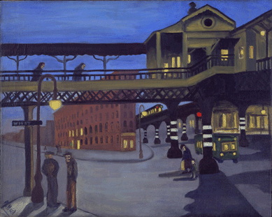 During the Depression, working in her studio from onsite sketches, Neel painted cityscapes that evoked the anxiety, isolation and rigors of urban living in hard times. In "Ninth Avenue El,†1935, she employed a sort of faux-primitive style to depict the gloomy scene from beneath the elevated railroad station at Manhattan's Hudson and Fourteenth Streets. Private collection, courtesy Cheim & Read, New York.