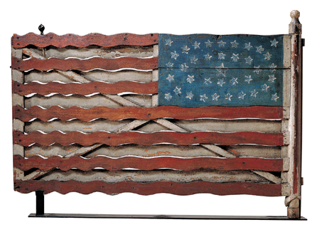 "Flag Gate,†artist unidentified, Jefferson County, N.Y., circa 1876, paint on wood with iron and brass, 39½ by 57 by 3¾ inches. Collection American Folk Art Museum, New York City, gift of Herbert Waide Hemphill Jr, 1962. ⁊ohn Parnell photo