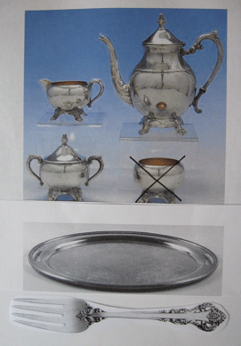 Tea set and round tray shown at top are similar to stolen items (silver plate). Sterling silver flatware pattern shown below the tea set and tray is exact pattern stolen (International Silver Co. Silver Masterpiece, 12 place settings, plus numerous serving pieces and wooden silver chest). 