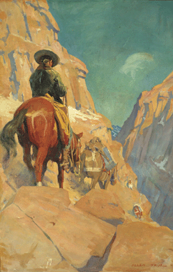 Allen Tupper True (1881‱955), "Pack Train on a Downhill Rocky Slope,†1907, oil on canvas, 30 by 20 inches.