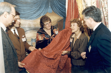 Jane is shown at center at a four-day drapery conference in 1979 at Old Sturbridge Village that she and Jonathan Fairbanks co-chaired. From left are Richard, T.K. McKlintoch of TKM Studios,  Jane,  Adriana Scalamandre Bitter of Scalamandré and Julian Hudson, executive director of Prestwould Plantation, Va. Scalamandré has worked with the Prestwould Foundation for more than ten years to replicate, reproduce and conserve the soft furnishings that once graced the plantation interiors.