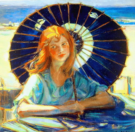 Donna Schuster, although relatively unknown outside California, is a star of the exhibition. She employed a vivid palette and firm brushwork in striking figural works, such as that of the red-haired beauty under a parasol in "On the Beach,†circa 1917. It measures 29 by 29 inches. All works courtesy of The Irvine Museum.