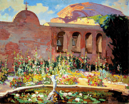Franz A. Bischoff used his mastery of flower painting to make the colorful garden in "San Juan Capistrano Mission Yard,†circa 1922, come alive in this 24-by-30-inch oil. The setting, with the restored building looming behind, recalls California's Spanish colonial history.