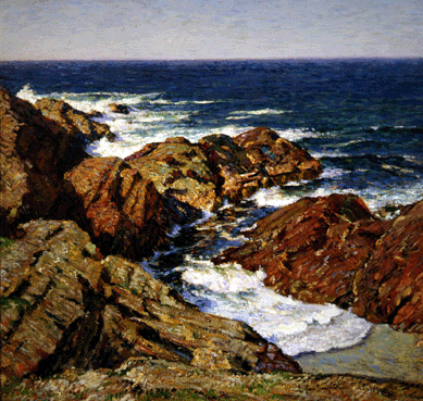 Already recognized as a leading marine painter when he settled in California in 1931, Paul Dougherty brought the same powerful brushwork and vivid colors to sea-against-rocks works like "The Twisted Ledge†as he had to depictions of the rocky coast of Maine. This 34-by-46-inch canvas showcases his loose brushstrokes and high-keyed palette.
