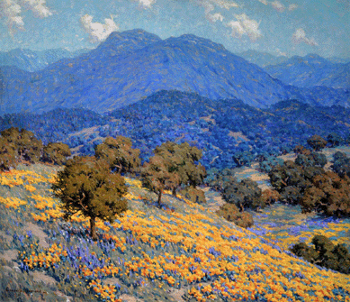 Granville Redmond, a native Californian, made his substantial reputation with decorative Impressionist images of broad fields of wild flowers with mountains and sky in the background. In "Poppies and Lupines,†a lovely blend of blooms light up the foreground and contrast with the bluish mountains in the distance.