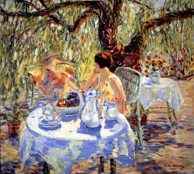 Meta Cressey, a landscape, still life and figural painter, likely found the subject matter for "Under the Pepper Tree,†circa 1927, in her garden in the Hollywood Hills. Here, two young women relax amid sunlit, jewel-like trees and flowers.