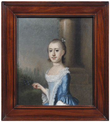 The portrait of Amarinthia Elliott by Jeremiah Theus reached $94,400. The original mahogany frame is attributed to Thomas Elfe of Charleston, S.C. Her storied history includes a residence with the infamous Jim Williams of Savannah, Ga.