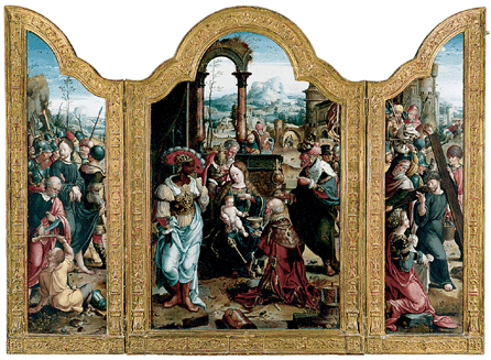 From the circle of Pieter Coecke van Aelst (Netherlands, 1502‱550, active in Antwerp) comes a triptych (with panels shown from left to right), "Christ Arrested in the Garden of Gethsemane,†"The Adoration of the Magi†and "Christ Carrying the Cross, " circa 1520s, oil on three shaped wood panels