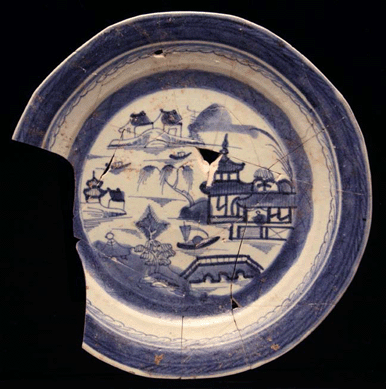 Chinese painted porcelain plate with "Canton†motif, circa 1785‱850. This plate was mended from 21 separate sherds discovered in a single deposit. Though porcelain vessels exported from China were popular for much of the Eighteenth Century, they became more common in New York after the American Revolution, when direct trade between the United States and China began. New York Transit Museum.