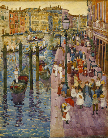The endless spectacle of folks walking the old streets of Venice flanked by venerable structures and gondola-filled canals intrigued Prendergast, as exemplified by "The Grand Canal, Venice,†circa 1898‹9. Terra Foundation for American Art, Chicago.