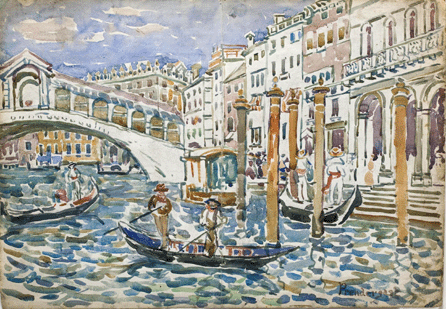 In a bravura display of confident brushwork during his second visit to Italy, Prendergast applied vivid colors to this animated view around the famous bridge in "Rialto, Venice,†circa 1911‱2. The image demonstrates his mature application of colorful dots and patches and flattened forms in creating memorable watercolors. Williams College Museum of Art.