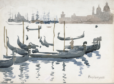 In a watercolor that unfortunately was never finished, "Gondolas,†circa 1898‹9, Prendergast used broad strokes to depict Venice's famed means of transportation against the white background of paper. Private collection.