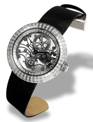 The Jacob & Co. "Crystal Tourbillon, Limited Edition,†no.17/18, made in a limited edition of 18 pieces in 2009, 18K white gold and diamond wristwatch with skeletonized movement and visible one-minute tourbillon regulator, realized $395,681.