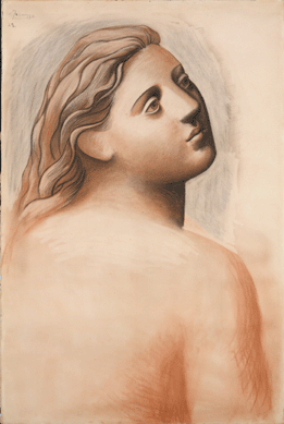 During his neoclassical period, Picasso painted large women in classic poses, as in "Head of a Woman,†1922, this chalk on wove paper example.