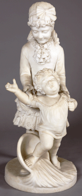 A carved marble sculpture by Cesare Lapini (Italian, 1848‱893) titled "Bagno Farzato†and depicting a woman and reluctant child at bath time handily exceeded its $6/8,000 estimate, selling for $14,375. 