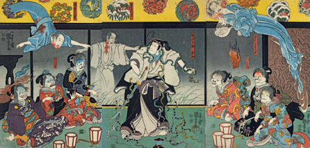 From kabuki theater, "The Ghost of Asakura Togo Attacks Orkoshi Masatomo†is one of several related to the play by Kuniyoshi. Possibly the artist sympathized strongly with the farmers' revolt of 1640. Color woodblock, oban triptych, 1851.