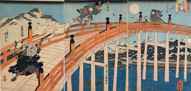 The warrior monk Benkei picked fights with travelers crossing Kyoto's Gojo bridge to collect 1,000 weapons. When he had 999, he faced the teenage Ushwaka-maru and lost, quickly becoming his devoted follower. This is one of Kuniyoshi's earliest and finest triptychs of the exploits of the two. Color woodblock, oban triptych, circa 1839.
