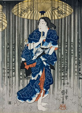 "Three Women with Umbrellas in a Summer Shower†go barefoot rather than ruin their sandals, which are tucked into their sashes. The umbrellas carry the name of a famous restaurant, which may have sponsored the print. Color woodblock, oban triptych, circa 1849‵1.